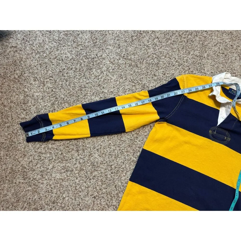 Polo Ralph Lauren Rugby Shirt Mens Small Yellow Navy Blue Striped Long Sleeve